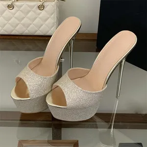 Zapatillas de tacón de aguja con lentejuelas y plataforma para mujer, sandalias de verano con punta abierta, para banquetes, de goma - Product Image 2