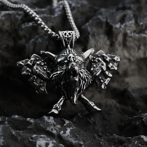 Stainless Steel Men's Viking Wolf <b>Head</b> Pendant Necklace With Double Axe Design Animal Shape Punk <b>Style</b> Jewelry - Product Image 1