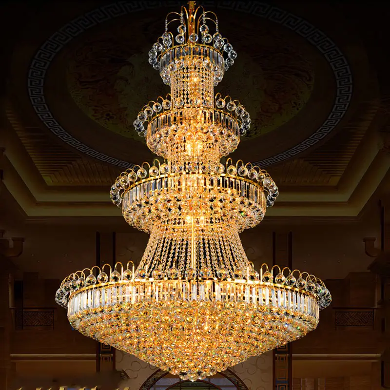Традиционная Роскошная золотая большая Хрустальная люстра для вестибюля отеля, Банкетный зал, Подвесная лампа, украшенная классическим подвесным светильником