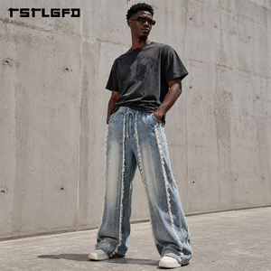 Pantalones vaqueros de pierna ancha con flecos, de tejido grueso, lavado vintage, paneles, estilo streetwear, cintura con cordón y flecos laterales, venta al por mayor - Product Image 3