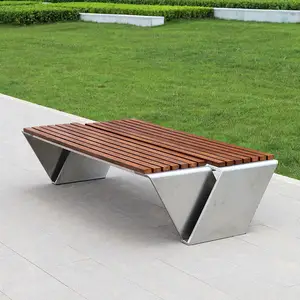 देहाती बैठे लंबी धातु बेंच आधुनिक लकड़ी सीट पार्क आउटडोर स्टेनलेस स्टील इंतज़ार बेंच