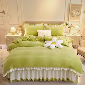 High Quality Home Bedding 4 pec 2022 new solid color milk velvet four-piece Korean lace four-piece bed skirt four-piece set