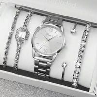 Nouvel ensemble de montres à quartz en acier inoxydable, cadran analogique en verre de 37 mm, bijoux de mode simples : collier, bracelet, bague, boucles d'oreilles