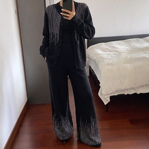 Women's <b>Knitted</b> Cardigan And Trouser Suit Grey Loose Fit Rhinestone Detail Autumn Winter Casual <b>Set</b> Smlxlxxl - Product Image 4