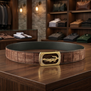 Ceinture en cuir formelle avec motif crocodile, boucle plaquée or, accessoire durable pour homme - Product Image 1