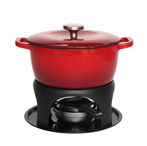 Cocotte en <span class=keywords><strong>fonte</strong></span> <span class=keywords><strong>émaillée</strong></span> rouge brillant avec pieds de support et trépied en <span class=keywords><strong>fonte</strong></span> pour brûleur - Product Image 1