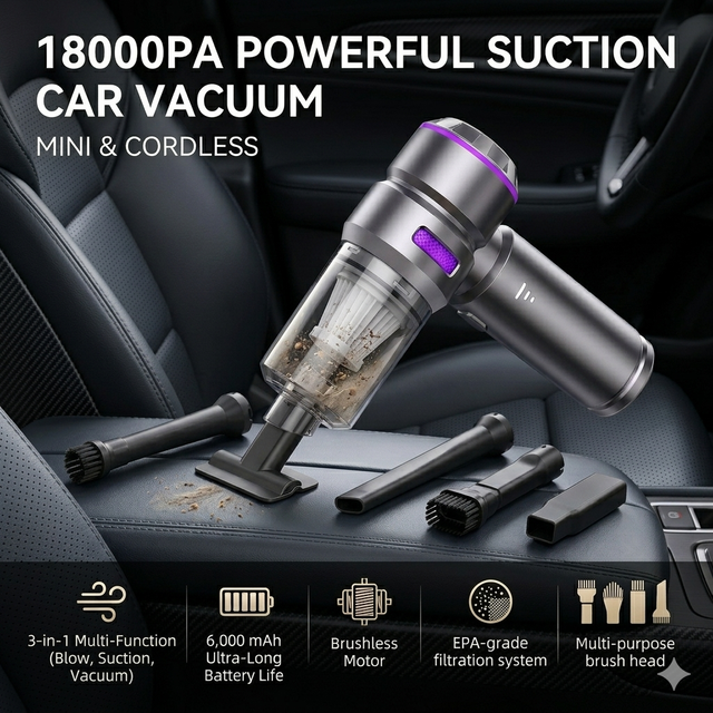 Handheld Mini Car Vacuum Cleaner Brushless Super Suction Suction 18000pa Rechargeable Cordless Portable Car Vacuum Cleaner