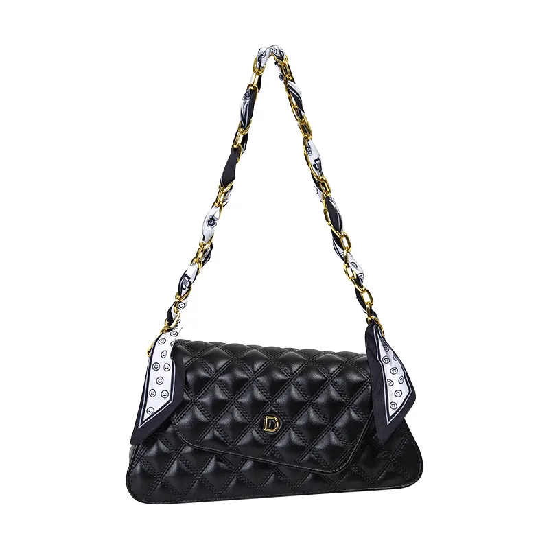 Bolso de hombro de lujo de diseñador para mujer, bolsos de cadena de moda con logotipo dorado en relieve para mujer con bufanda, monederos acolchados suaves negros