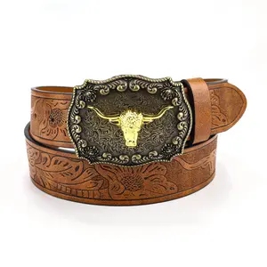 Rewin 2024 Golden Cowboy Longhorn Bull Pattern Floral Engraved Buckle Belt Western Double Embossed Leather Belts for Woman Men