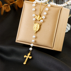 European American Style Oval Pearl <b>Rosary</b> <b>Necklace</b> With Angel Cross Stainless Steel Religious Jewelry Unisex - Product Image 1