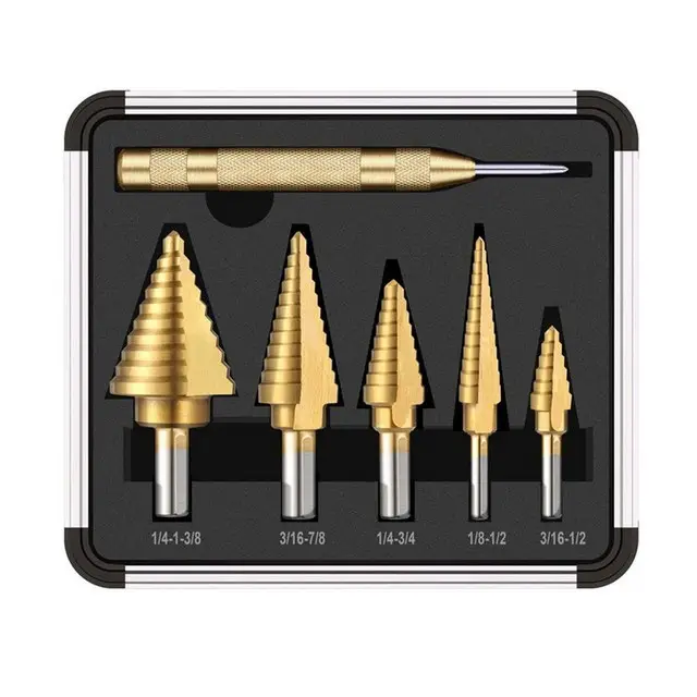 6pcs/box Hss Titanium Coated Step Drill Bit With Center Punch Drill Set Hole Cutter Drilling Tool Kit Set Of Tools