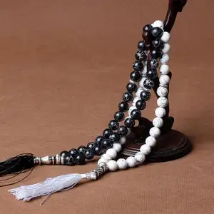 Inspire Jewelry Natural Stone Black Agates Bead necklace Tassel 33 Prayer Bead Islamic Muslim Tasbih Allah Rosary Men Women