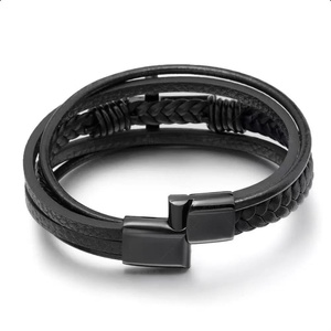 <b>Men</b> Braided Cross Jewelry Stainless Steel Black Leather Bracelet Man's Hot-sale Leather <b>Bangle</b> - Product Image 5