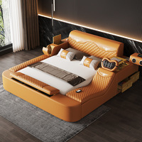 Lit Moderne Multifonctionnel en Cuir Microfibre avec Cadre en Bois, Design Minimaliste de Luxe Léger, Fonctionnalités Audio, Massage et Sécurité