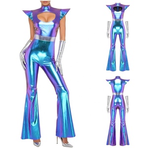Combinaison Disco Holographique pour Femme Adulte, Coupe Patte d'Éléphant, Col Montant, Découpe à l'Épaule, avec Gants Longs, pour Fête, Cosplay, Personnalisable - Product Image 2