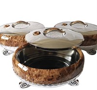 Ensemble de 3 récipients alimentaires vintage grande taille 4L 5L 6L, corps imitation bois, chauffe-plat isotherme avec base dorée