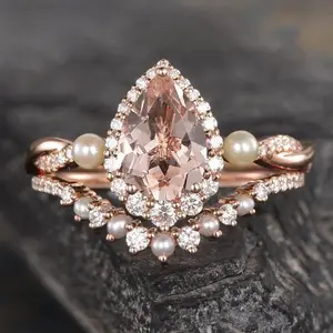 Vintage Birthstone Floral Antique Halo Cz Pear Cut Morganite Rose Gold Double Pearl Band Engagement Ring S925 Promise Rings Set