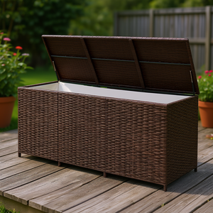 Caja de almacenamiento rectangular de mimbre sintético marrón resistente al agua para patio, jardín, herramientas, cojines, juguetes de piscina - Product Image 2