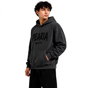 Sweat-shirt à capuche surdimensionné pour homme Pearia, imprimé numérique uni, en molleton de coton, décontracté, avec poche avant, noir, pour l'automne - Product Image 4