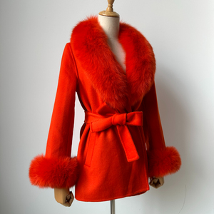 Elegante abrigo rojo de Cachemira con cuello de piel de zorro puños mujeres Otoño Invierno moda trajes abrigo de lana de Cachemira con ropa de piel Real - Product Image 2