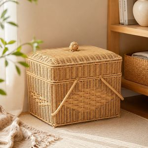 Bye-bye <b>Basket</b> Outdoor Camping Imitation Rattan Vegetable <b>Basket</b> Handbag Double Layer Woven Grid with Lid Rattan <b>Storage</b> <b>Basket</b> - Product Image 1