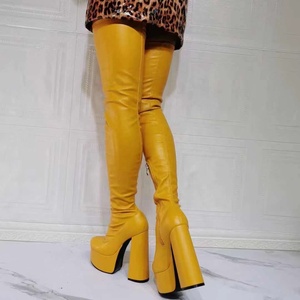 Super High Heel Platform <b>Boots</b> Yellow Round Toe Thick Sole High Chunky Heel Fashion Women Over Knee <b>Boots</b> Big Size 47 - Product Image 3