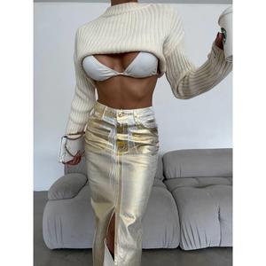 Jupe en jean vintage automne/hiver ornée de motifs métallisés, décontractée, sexy, grande taille, design asymétrique, avec boutons et technique de lavage diamant, taille ajustée - Product Image 4