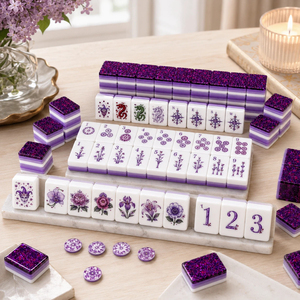 Ensemble de tuiles de mahjong de luxe personnalisées en gros, couleur violet pailleté, ensemble de mahjong américain floral de qualité supérieure pour cadeaux - Product Image 3