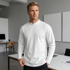 <b>Men's</b> White Stand Collar Long Sleeve Knitted <b>T</b>-<b>Shirt</b> Regular Fit Casual Solid Color Breathable Cotton Jersey made in Bangladesh - Product Image 6