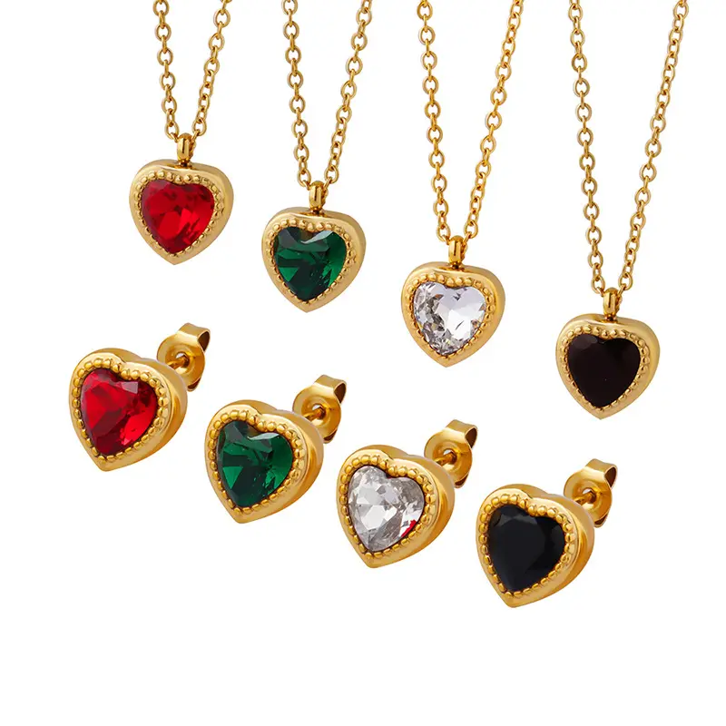 Hermosos collares con colgante de corazón de circón negro rojo Esmeralda diamante oreja Stud Acero inoxidable conjuntos de joyería nupcial para niñas