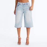 Shorts Bermuda en jean denim pour femme, coupe large, délavage clair, faible élasticité, avec bouton et fermeture éclair, vente en gros