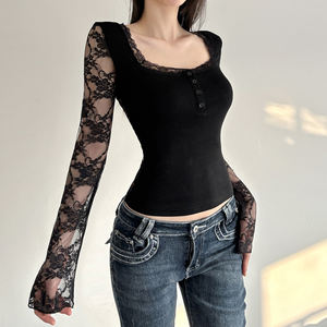 Blusa de Manga Larga para Mujer, Cuello Cuadrado, Adorno de Encaje, Transpirable, Corte Ajustado, Tejido de Punto, Estampado Digital, Color Sólido - Product Image 4