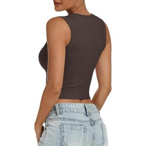 FOXA Débardeur court côtelé pour femme, col montant, sans manches, coupe ajustée, décontracté, basique, pour l'été et l'entraînement - Product Image 3