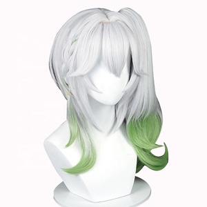 Perruque de cosplay <span class=keywords><strong>Nahida</strong></span> Genshin Impact Anime, 50 cm, longue, bouclée, argentée et verte, résistante à la chaleur, avec une queue de cheval, vente en gros - Product Image 4