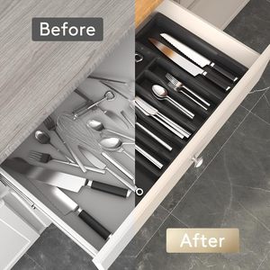 Foldable <b>Drawer</b> Organizer Kitchen Knife Storage Rack Fork and Spoon <b>Plastic</b> Storage Box Expandable Cutlery Tray <b>Drawer</b> - Product Image 4