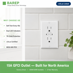 ปลั๊กไฟ GFCI แบบทดสอบตัวเองพร้อมไฟ LED คู่รุ่น BAREP YGB-094 15A 125V CULus TR โครงสร้างพลาสติก UL-94 V2สำหรับงานเดินสายไฟในโรงแรมและอาคารพาณิชย์ของสหรัฐอเมริกา - Product Image 1