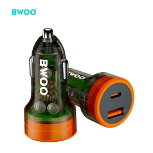 BWOO nouveaux produits USB-A + USB-C chargeur de voiture PC + ABS matériel 38w charge rapide chargeur de voiture de téléphone transparent