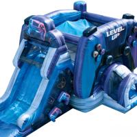 Structure gonflable combinée toboggan et château de saut sur le thème des jeux vidéo pour enfants, contrôleur de jeu, bleu/violet, PVC, capacité 6-10 personnes, usage commercial