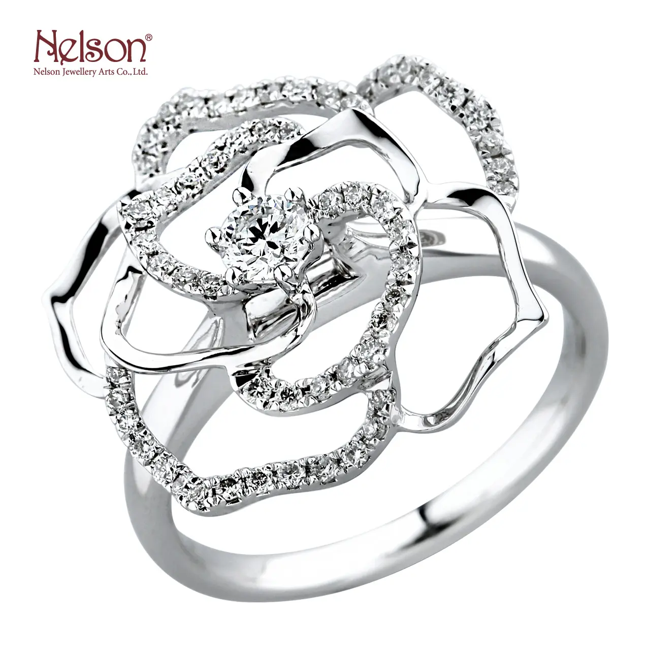 Zero risk OEM ODM Wholesale price no MOQ Best Seller Delicate Hyperbole 18K White Gold Diamond Floral Ring For Lady