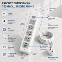 Multiprise standard australienne personnalisée par le fabricant, 4 prises CA avec 2 ports USB et 1 chargeur rapide USB-C, rallonge multiprise