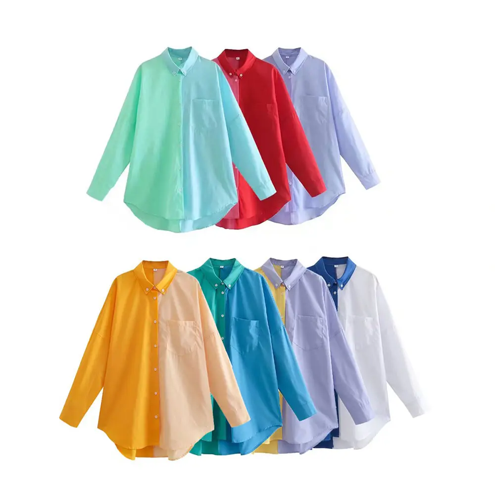 Women 2022 Fashion Four-color Splicing lapel Loose Asymmetric Blouses Vintage Long Sleeve Button-up Female Shirts Chic Tops