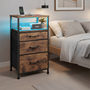<span class=keywords><strong>Table</strong></span> <span class=keywords><strong>de</strong></span> <span class=keywords><strong>lit</strong></span> rustique moderne avec lumière LED, <span class=keywords><strong>table</strong></span> <span class=keywords><strong>de</strong></span> chevet, station <span class=keywords><strong>de</strong></span> charge, 1 rangement ouvert, 3 tiroirs, <span class=keywords><strong>table</strong></span> d'appoint en métal noir pour meubles <span class=keywords><strong>de</strong></span> maison - Product Image 1