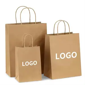 Customized Logo Printed White Brown Kraft Paper Shopping Carrier Bag With Twisted Handle