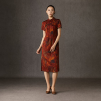 Robes midi pour femmes en soie de mûrier 100% Gambiered, style oriental chinois, patrimoine culturel immatériel, taille haute, manches courtes