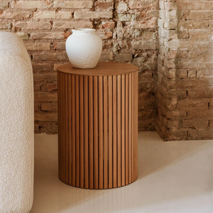 Modern Wooden Side <b>Table</b> with Round Top Vertical Groove Design Solid Wood Accent <b>Table</b> for Living Room Bedrooms - Product Image 2