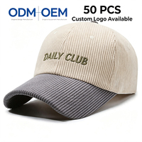 Gorra de Béisbol Clásica Americana de Dos Tonos con Visera Curva, de Pana, con Logotipo Bordado en 3D Personalizado