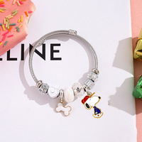 Bracelet ouvert réglable en acier inoxydable plaqué PVD, anti-allergie, étanche, avec motif Snoopy mignon en cristal, pour femmes, B156T