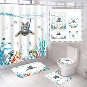 4 pcs מקלחת וילון וילון מקלחת עם שטיח טאל ים כחול ים אביזרי אמבטיה עם 12 ווים תפאורה הביתה במלאי - Product Image 1