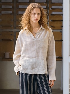 <span class=keywords><strong>Camicia</strong></span> 100% <span class=keywords><strong>Lino</strong></span> con Colletto, Maniche Lunghe, Scollo a V, Casual, Semplice, Vestibilità Ampia, con Cintura in Vita e Tasche, da <span class=keywords><strong>Donna</strong></span>, Primavera/Estate - Product Image 3