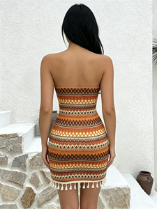 Women Boho Strapless Tube Mini <b>Dress</b> Geometric Stripe Knit Bodycon <b>Dress</b> Tassel Hem Sleeveless Summer Beach Party Short <b>Dress</b> - Product Image 3